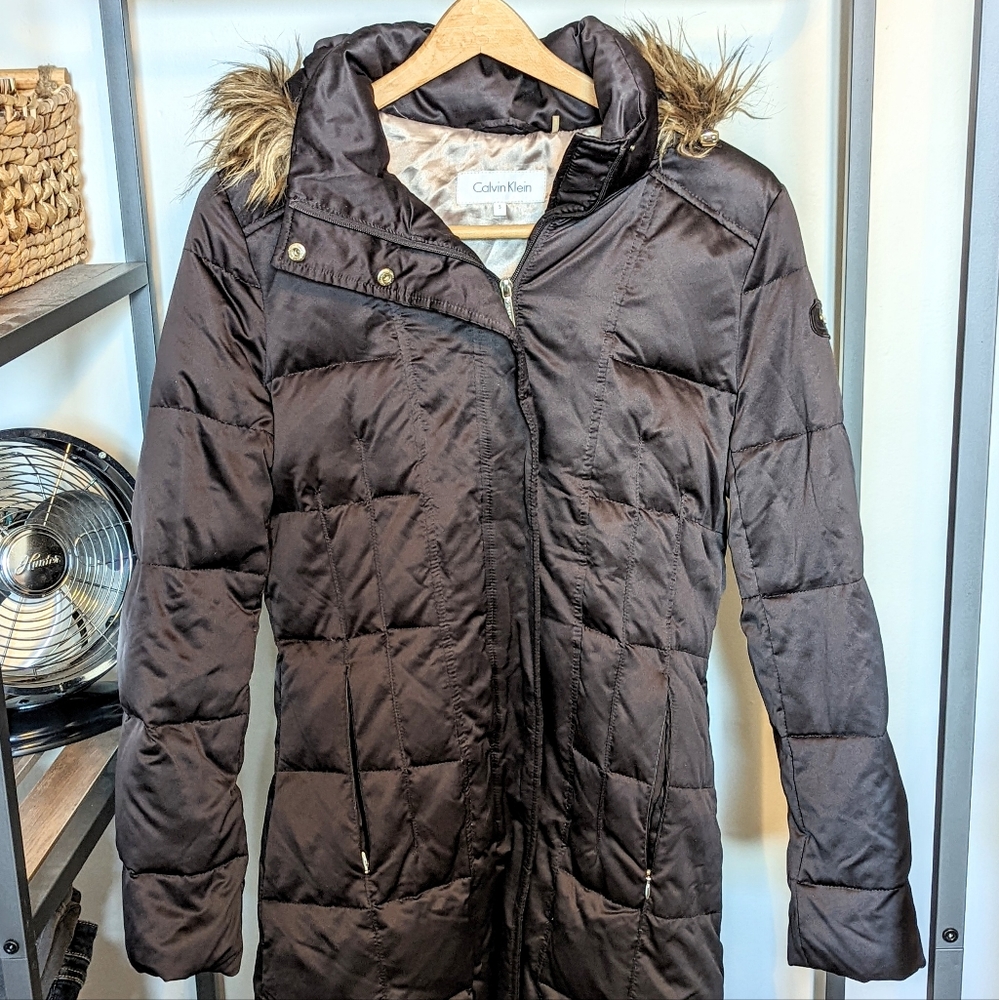 Calvin Klein Down Puffer Coat, Knee Length, Brown-Black, SOFT, Small
